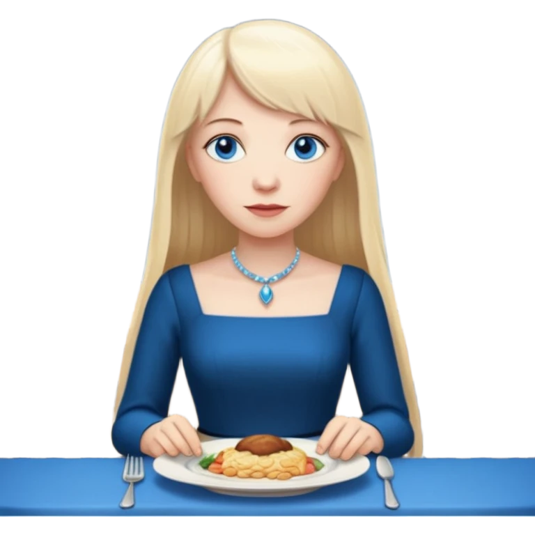 450 yr old white woman, pale skin, long straight blond hair parted in center, blue eyes, bangs, clothes for dinner emoji