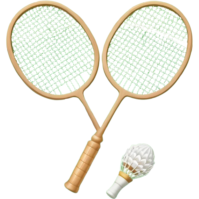 Two crossed badminton rackets with a shuttlecock resting in between, set against the faint outline of a badminton court. The image highlights the tools of the sport, with a subtle emphasis on the court's net and boundaries, symbolizing competition and skill. emoji
