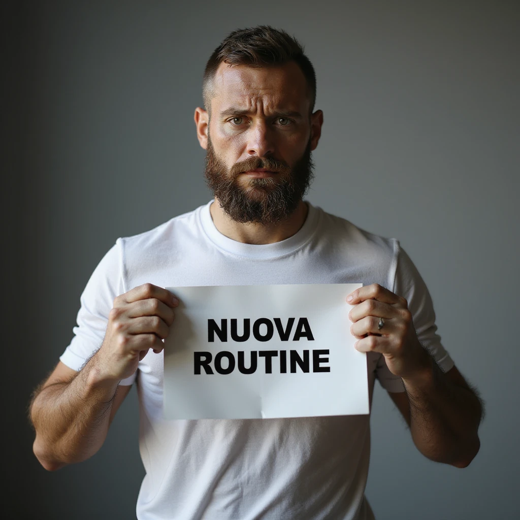 hyperrealistic 4K image of a sporty man with a sad expression, holding a sheet with the text 'NUOVA ROUTINE', no background emoji