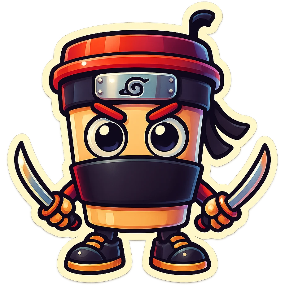 Turn this ninja coffee cup character into a cute and bold emoji style with transparent background, preserving the character's charm and boldness. emoji