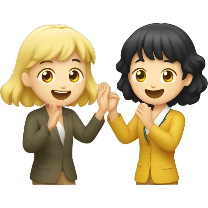 A yellow-haired foreigner and a black-haired Korean clap their hands laughing while speaking in English emoji