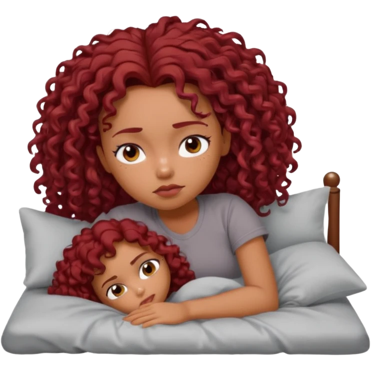 generate a pretty bratz brown skinned girl curly dark red hair, tired in bed in a grey tshirt bored. emoji