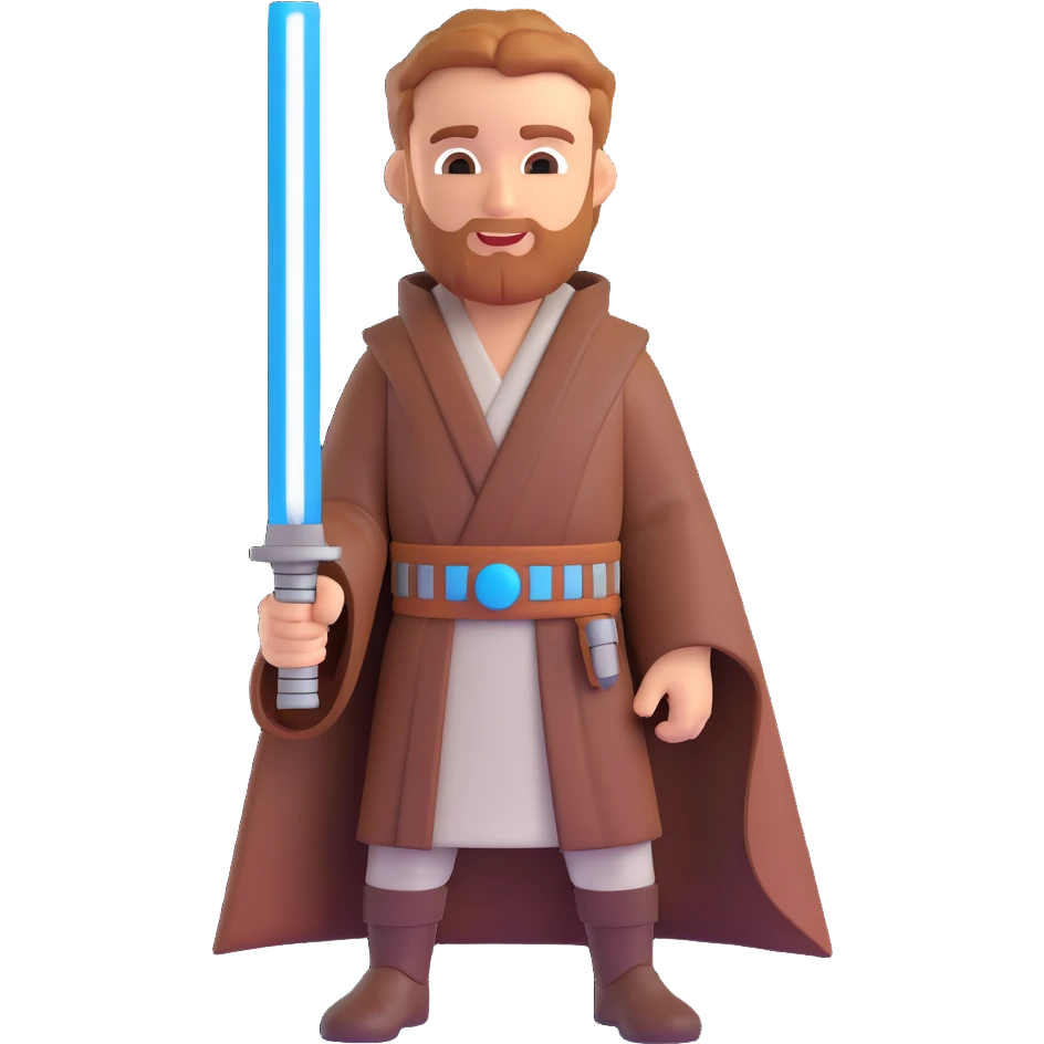 Obi-Wan Kenobi from Star Wars, 3D emoji style, holding a lightsaber, friendly expression emoji
