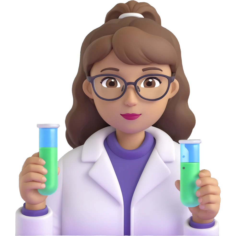 middle-aged science teacher, light brown hair in ponytail with bangs, brown eyes, holding a test tube with bubbling liquid emoji