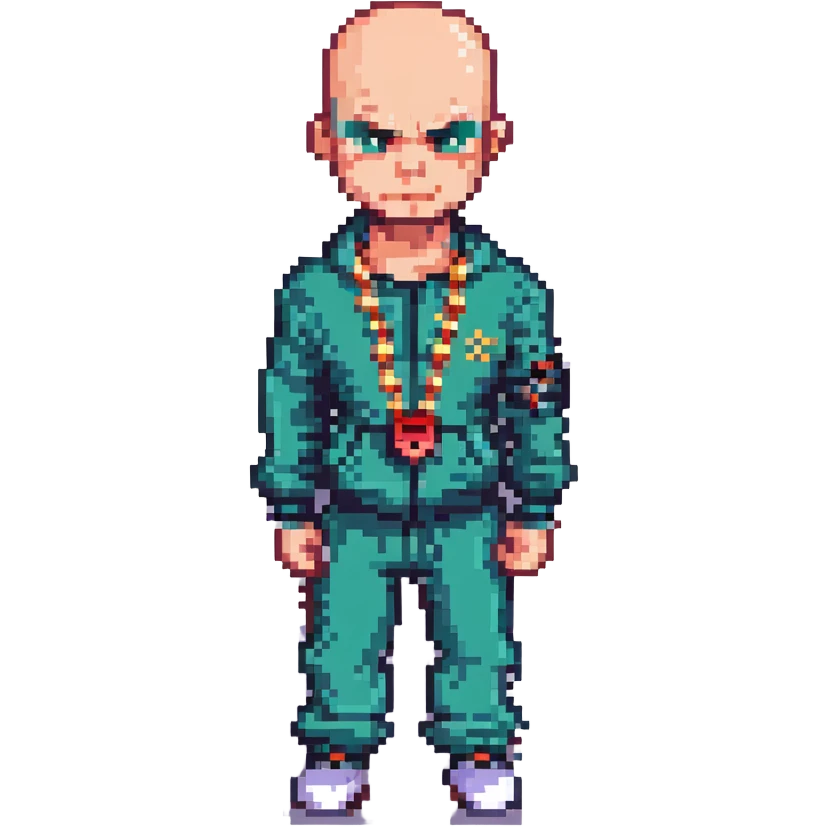 Pixel art thug in tracksuit, holding chain in Hand, bald head, angry expression, side view, retro arcade sprite
 emoji