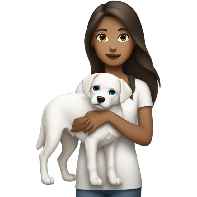 brunette girl with blue eyes holding a white dog emoji