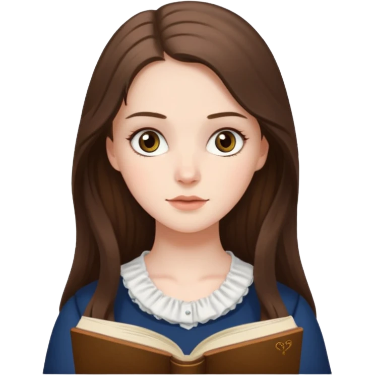  white long brunette hair girl with hazel eyes reading Pride and Prejudice emoji