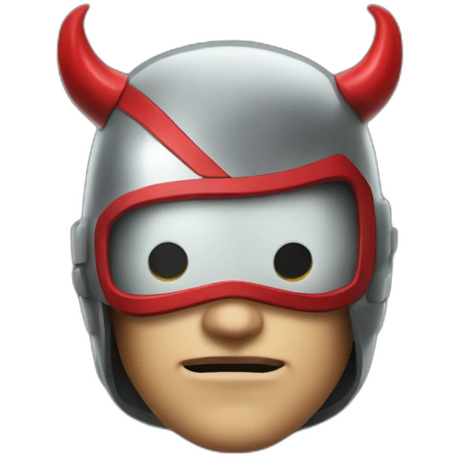 Blind superhero head with red helmet that has dark red eye holes that has horns emoji
