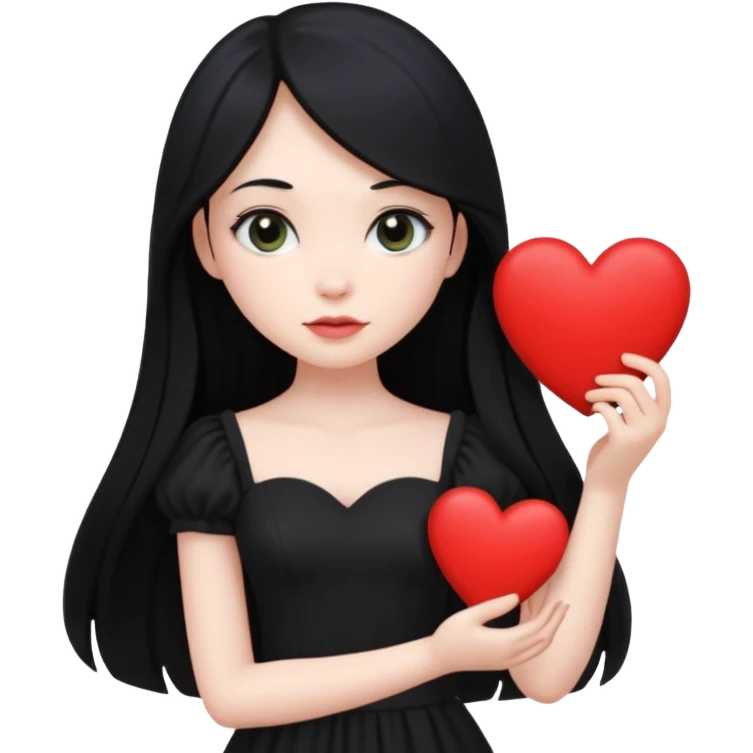 Pale girl with long black hair and black dress with holding black heart emoji