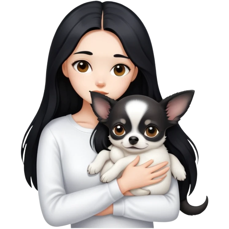 A girl with fair skin, long black hair, white clothes, gently, with both hands tightly, hugging a black Chihuahua emoji