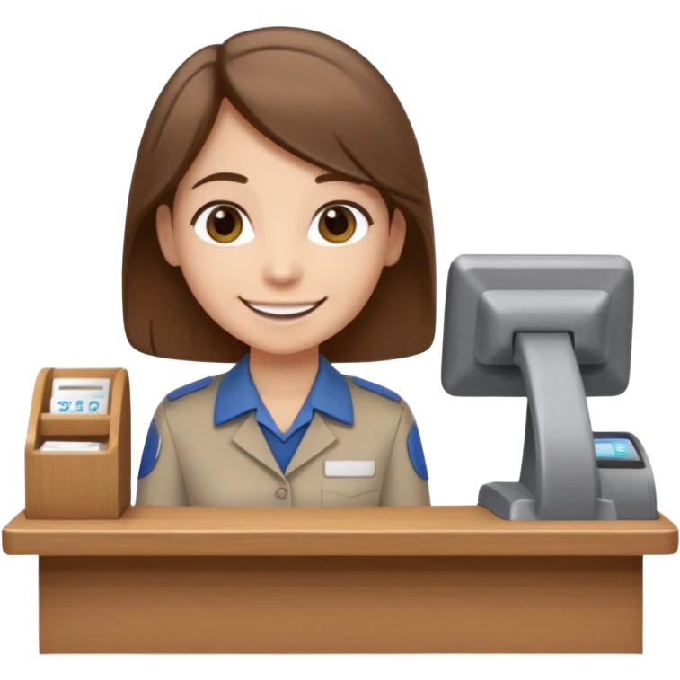 Gender-neutral cashier with shoulder-length hair, standing behind a cashier desk, smiling, wearing a neutral-colored uniform emoji
