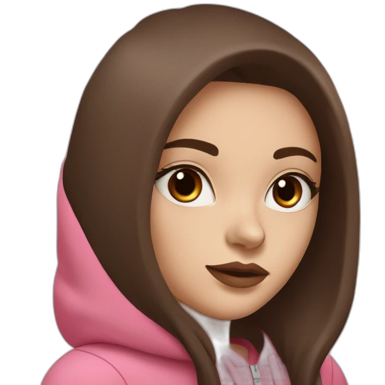 White women with long dark brown hair and long eyelashes dark brown eyes and pink cheeks with pink lips and thick dark brown eyebrows wearing a brown hoody emoji