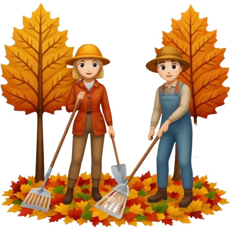 a couple man and woman racking leafs emoji