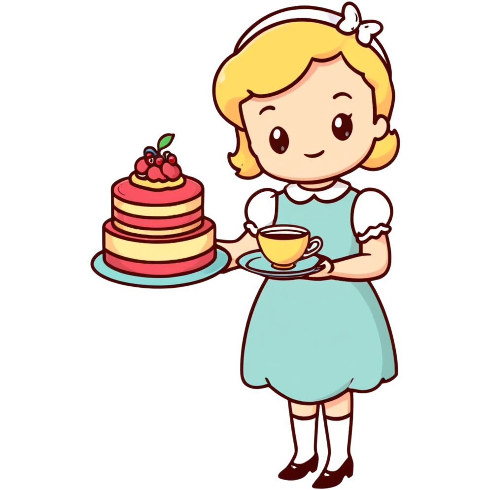 Charming British girl in vintage dress having afternoon tea with fancy teacup, scones and cake stand emoji