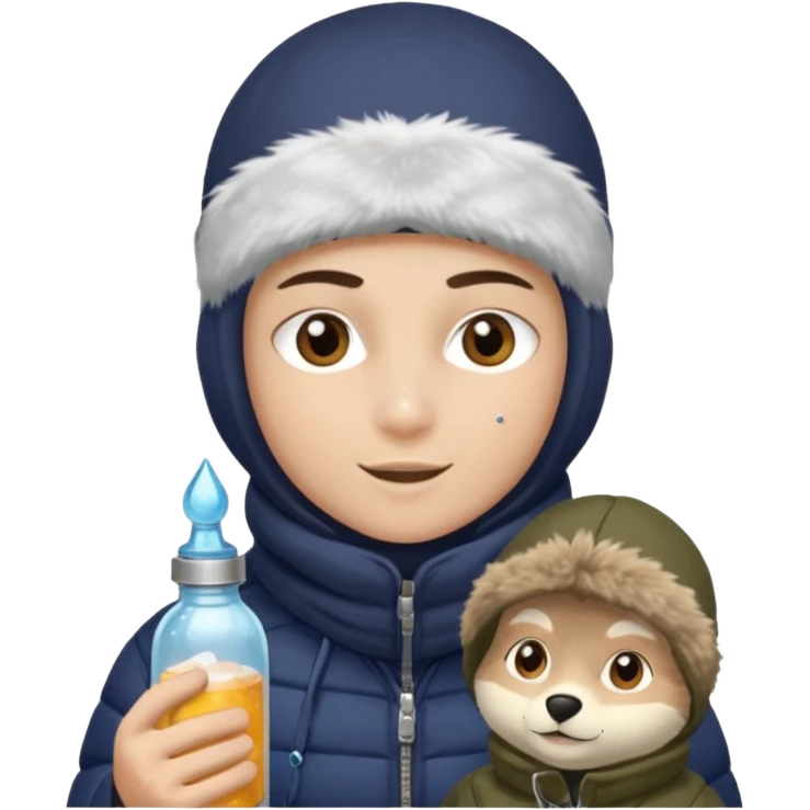 Junge mit Sturmhaube braune augen auf der rechten seite kleinen nasenpircing (glitzerstein) in der Rechten hand eine Jacky flasche und einer winterjacke mit fell an der mütze emoji