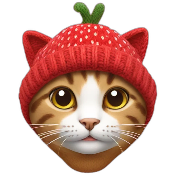 cat with a knitted hat resembling a strawberry emoji