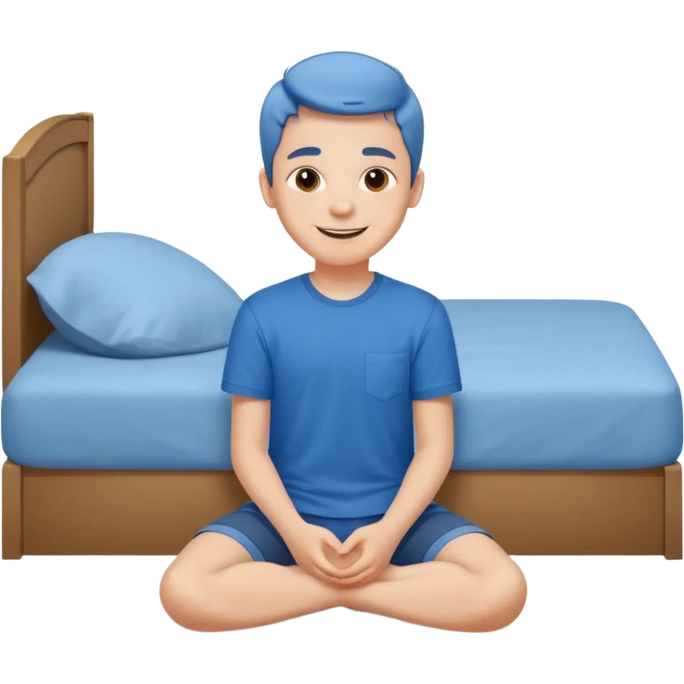 emoji- of a smiley boy sitting on the bed with legs on the floor emoji