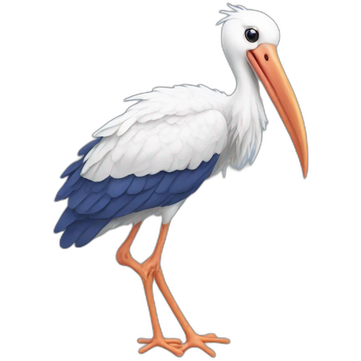  white stork with long legs and a long beak flying in the sky and carrying a blue bundle of cloth in its beak that has a cute baby face peeking out from it emoji
