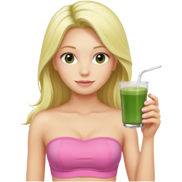 long haired blonde pilates instructor in pink drinking matcha in cute set with no straps standing emoji