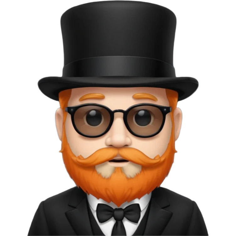 dwarf with a beard, a hairy body black sunglasses and a black top hat on his head. He also has a black tie on his chest. His nose is orange and his skin is pale white. emoji