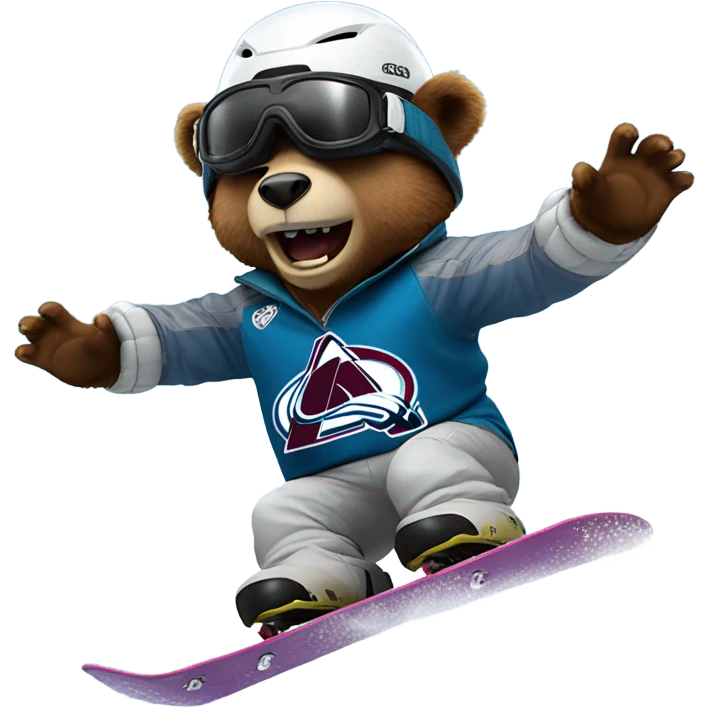 snowboarding bear with helmet and goggles in colorado avalanche jersey doing insane trick emoji