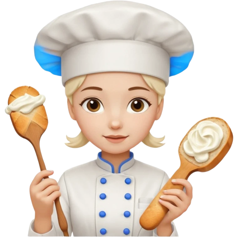 Young female baker - white chef hat, holding cream piping bag to milk oil on bread emoji