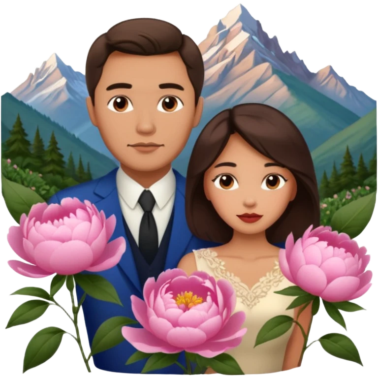 Couple traveling in Montenegro russian man and elegant  Latina girl delicate peonies and mountains in the background  emoji