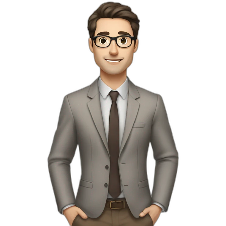 Pale skinned fit man with dark brown hair in gray jacket, beige office shirt, brown tie, brown pants and vintage glasses Writing text on the flipchart emoji