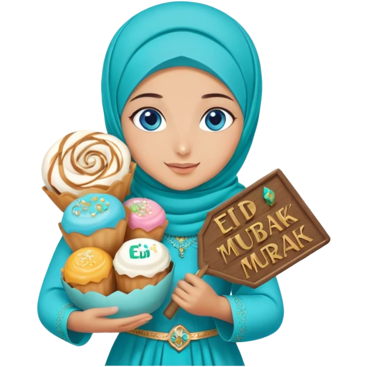 Turkish beautiful finish Konya girl blue eyes with turkis hijab islamic dress and had on her hand text Eid Mubarak with sweets and celebrating with her friends eid days   emoji