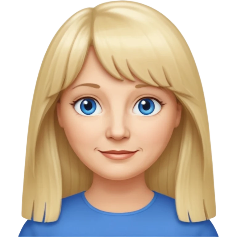 50 yr old white woman, curtain bangs, very long straight blond hair, oval face, small smile, blue eyes, slightly chubby face emoji