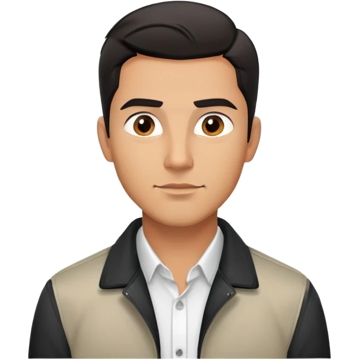 Handsome athletic Hispanic man with tan complexion, short black straight hair combed back with faded sides, square masculine face with defined jawline, neutral-friendly TV presenter expression, black jacket and white button-up shirt emoji