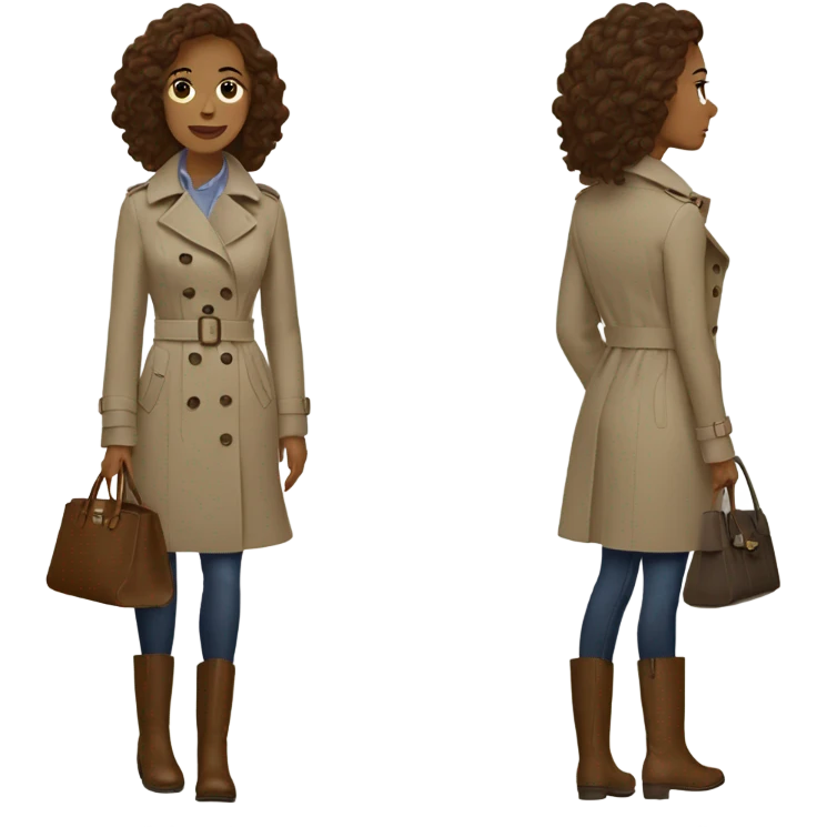 Woman with brown wavy hair and a trench coat with brown boots and a longchamp tote bag emoji