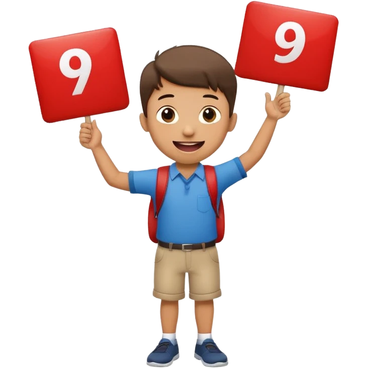 A school that has the number 9 on top of it's eyes holding a sign with the number 9 on the sign with a mouth sticking out his tongue with legs and arms with him being happy full of joy emoji