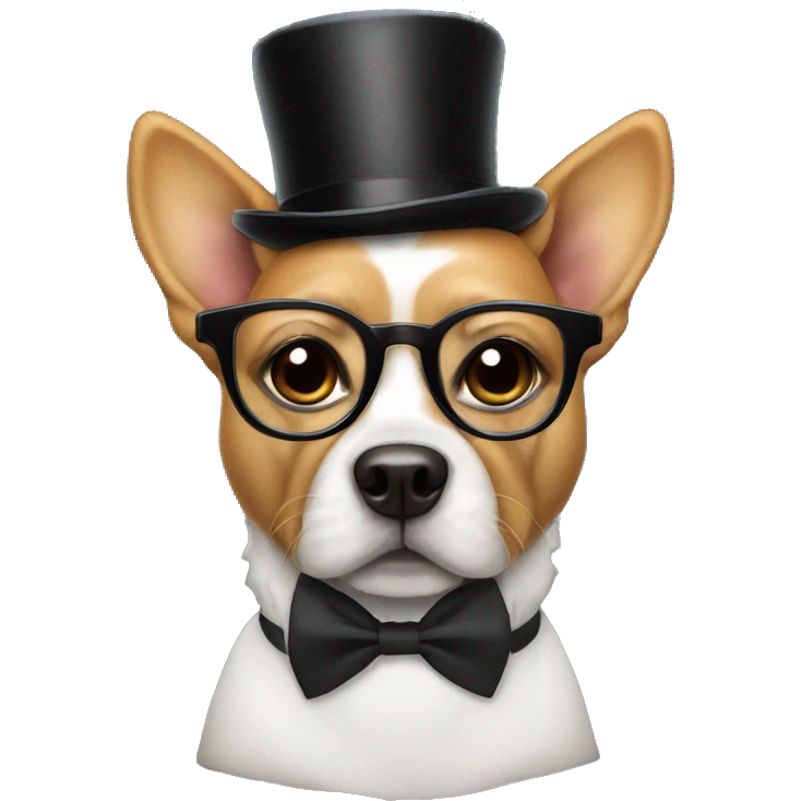 dog wearing a bow tie top hat and a spectacle emoji