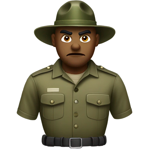 drill sergeant character wearing a classic sergeant hat and a camouflage army shirt. The character should have an angry intense expression. full torso emoji