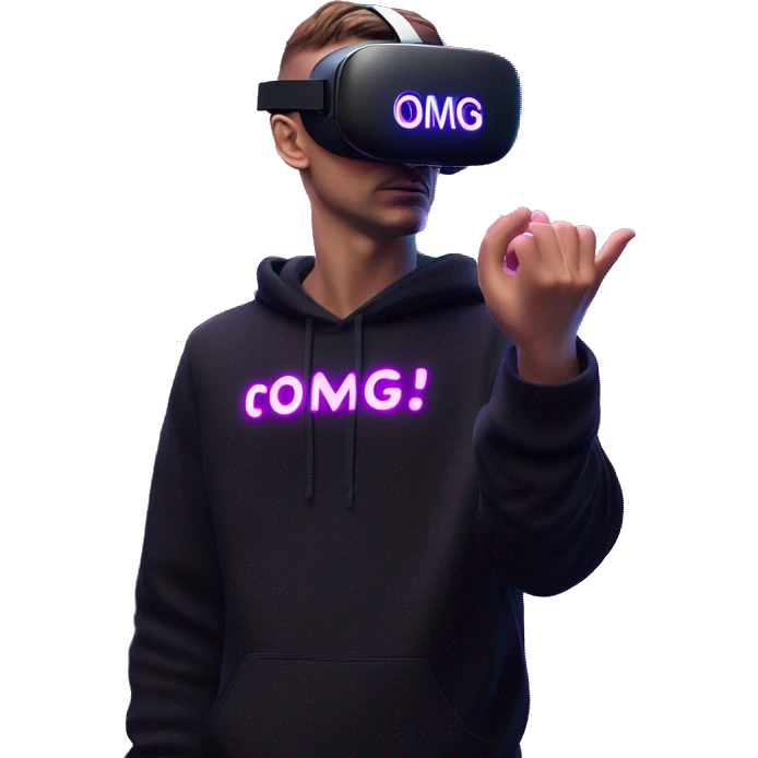 Russian man wearing a black hoodie with "OMG" letters on it and VR headset oculus quest 2 in a cyberpunk VR environment with violet neon lighting. Showing direction with hand emoji