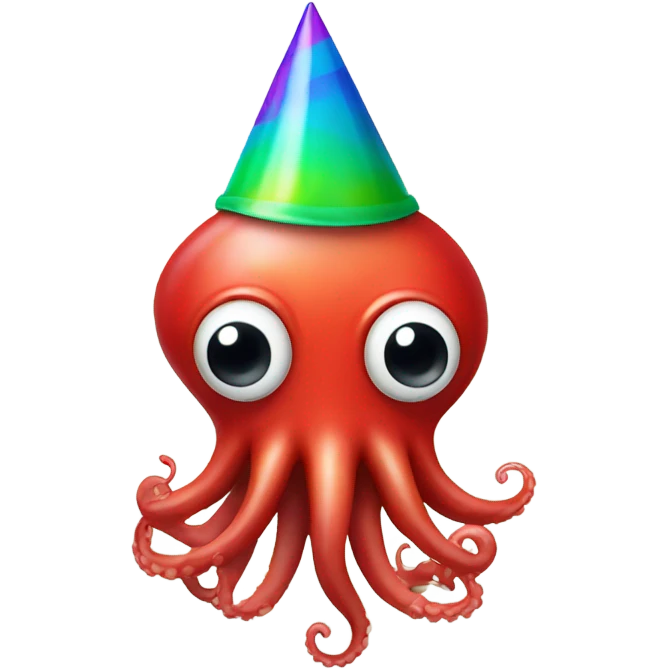 Party squid. Squid is red and similar to the squid emoji but wearing a party hat. emoji