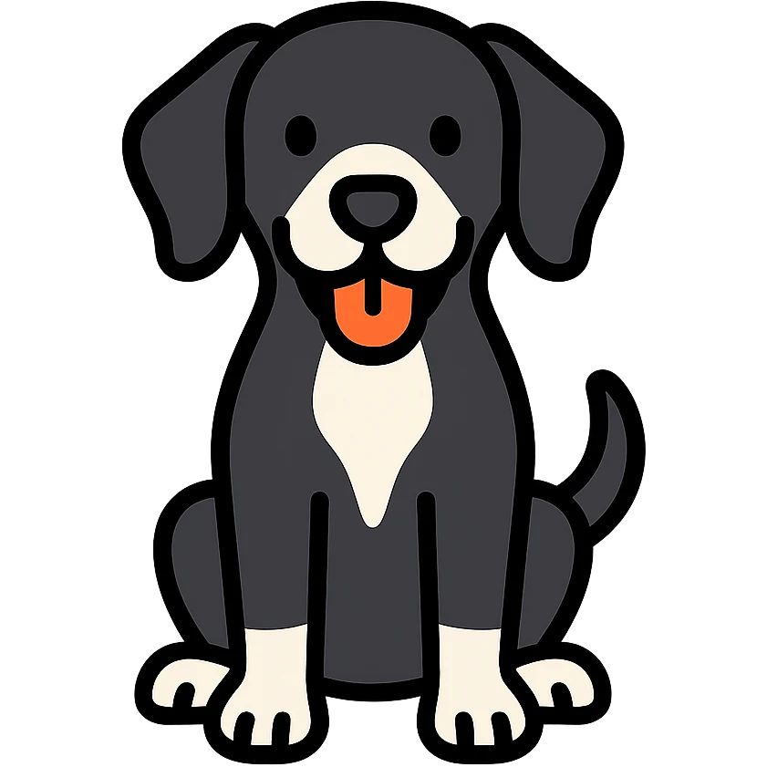 shorthaired black hound dog with white on chest, nose, and paws, full body, happy expression emoji