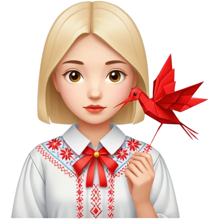 Ukrainian young girl in traditional embroidered vyshyvanka shirt holding a red origami paper crane emoji