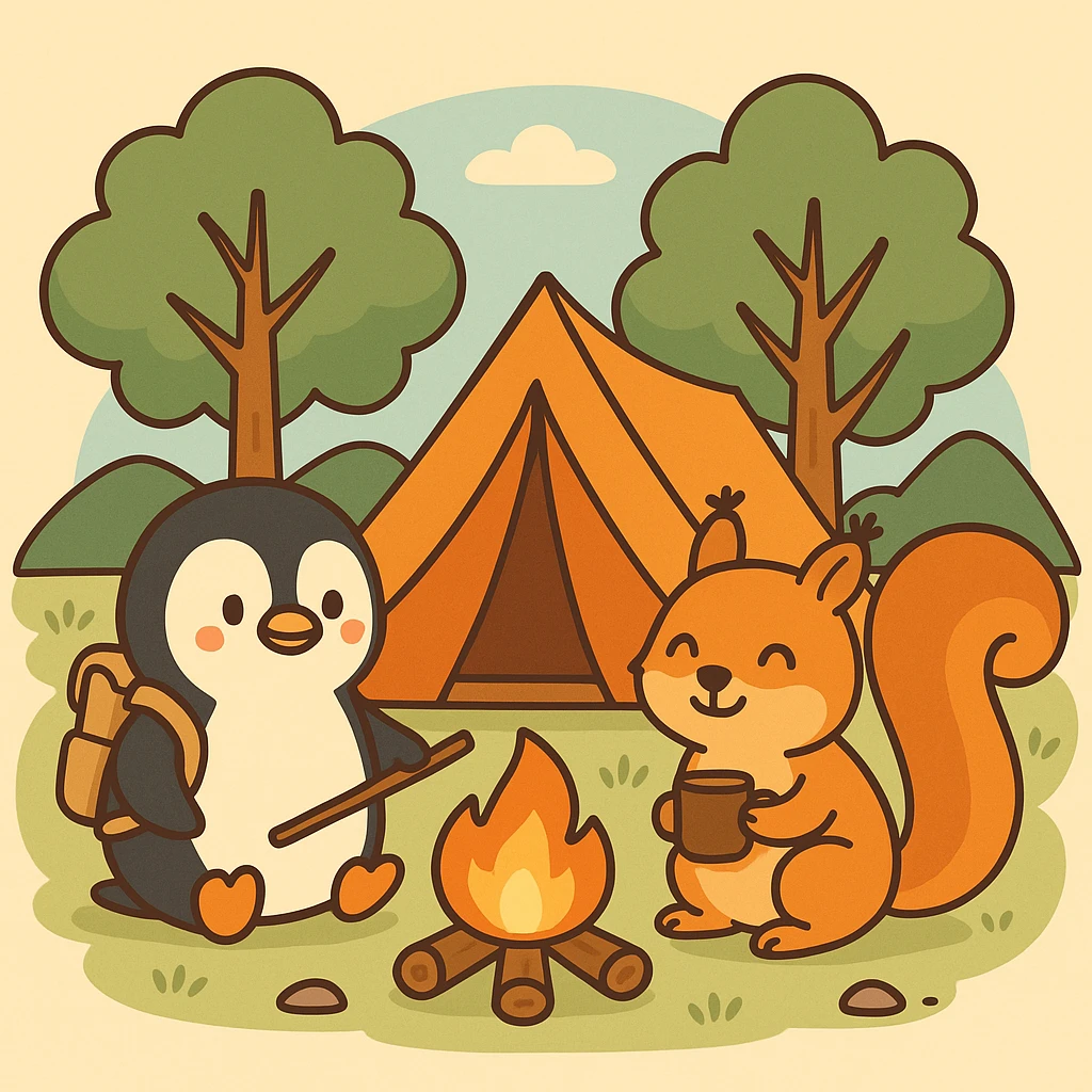 flacher Cartoon-Stil Pinguin und Eichhörnchen beim Campen, Zelt und Bäume emoji