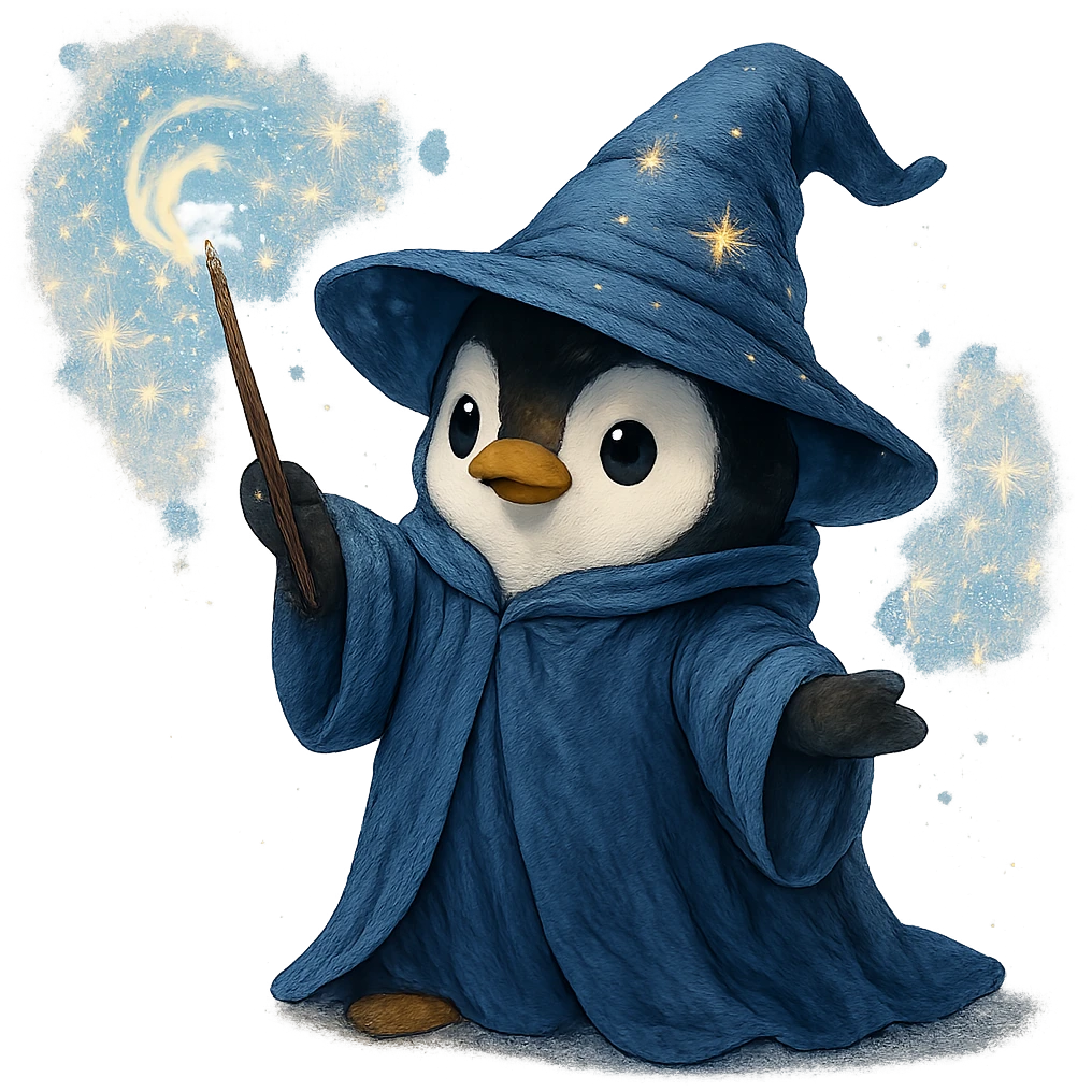 penguin wizard casting a spell, sparkles, wizard robe, fantasy vibe emoji