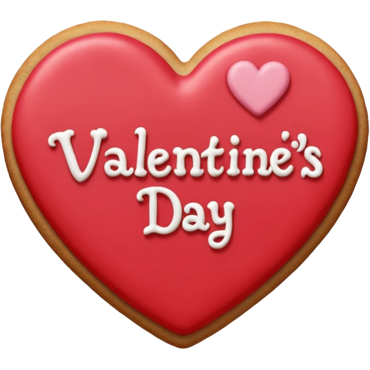Heart-shaped cookie with smooth red icing emoji, write 'Valentine's day' on top of the red icing in white icing emoji