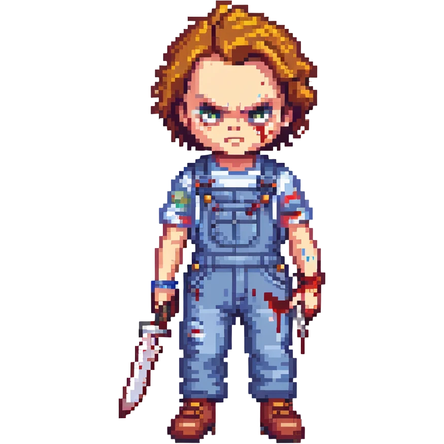 Chucky in overalls, holding a blood-stained knife, menacing pose emoji