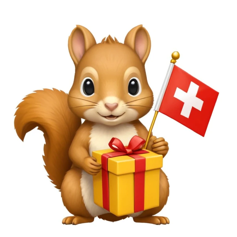 a squirrel holding a yellow gift box in one hand and a red Swiss flag in the other, both objects clearly visible, simple white background, the gift is a different color from the flag emoji