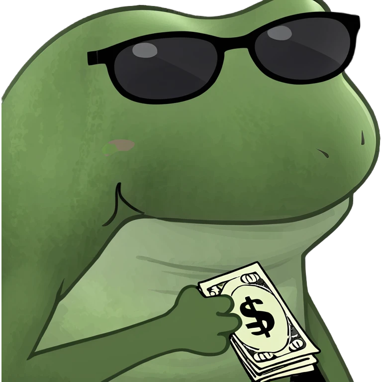 bufo frog with dollar sign sunglasses, grinning emoji