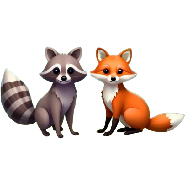 raccoon and a fox in a colorful forest with vibrant green trees, bushes and flowers. The animals are in the foreground, surrounded by a lush, bright forest, with soft sunlight filtering through the leaves. A playful and wild scene with a transparent background. emoji