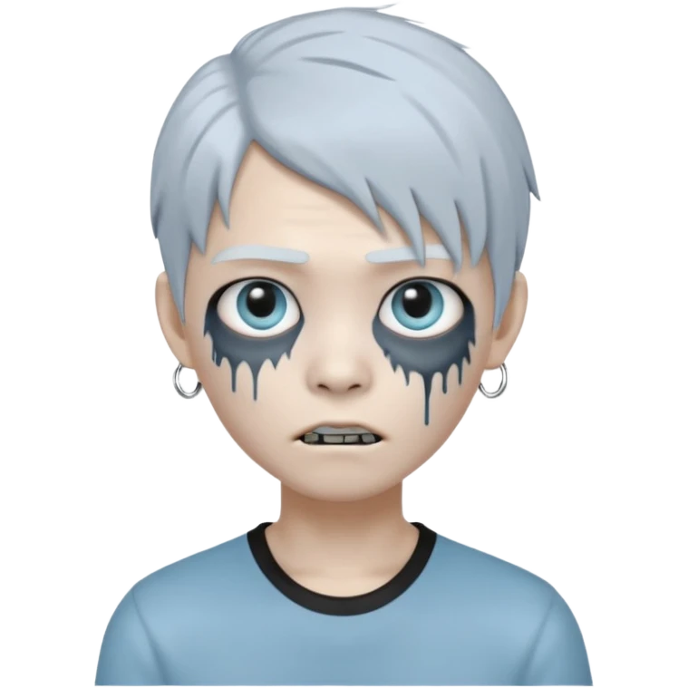 Create a 3D emoji-style avatar with very pale blue-grey zombie skin like the reference image, a young Asian face, and large eyes with white blood tears. Give it white mullet-style hair, silver hoop earrings, and a simple black T-shirt. The expression should be neutral or slightly angry emoji
