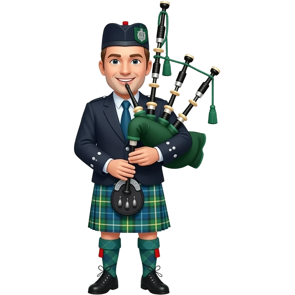 A male scottish bagpipes with green & blue tartan and a smile emoji