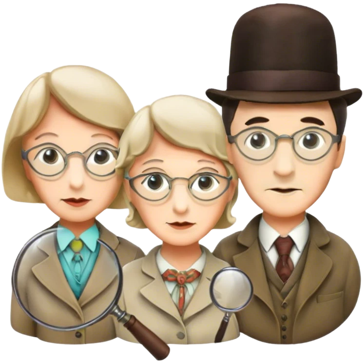 Icon for Detective Movies: A colorful collage with Sherlock Holmes, Miss Marple, and Pinkerton. Include magnifying glasses, clues, and detective tools. The design should evoke mystery and intrigue, with a classic detective movie feel. Transparent background. emoji