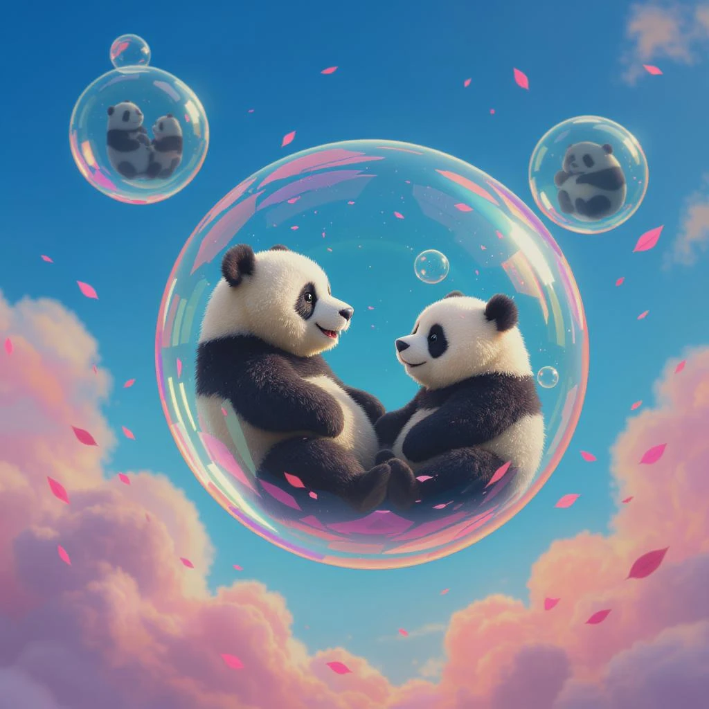 Realistic, Minimalistic Cinematic still of pandas bears sitting inside flying bubbles, blue sky filling background , pink clouds, pink leafs falling around, disney style emoji